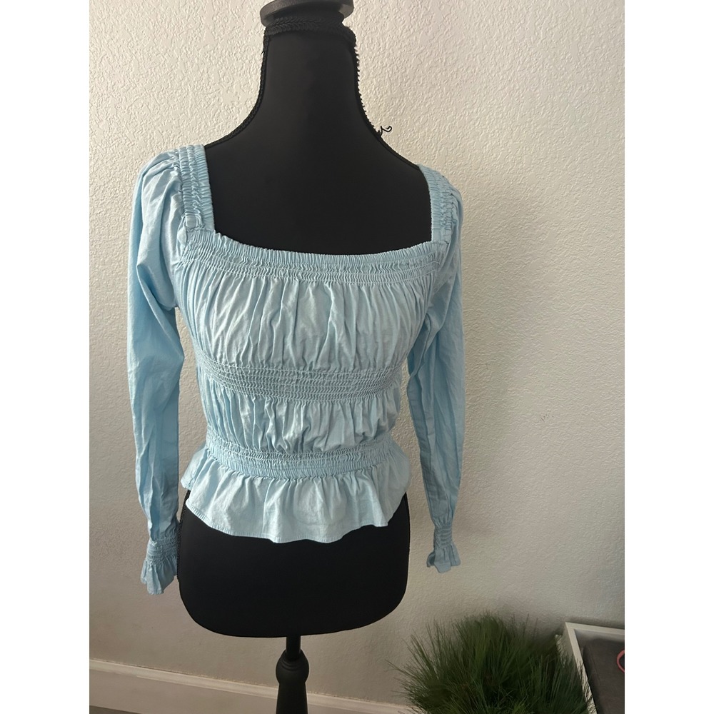 Y2K Iky & Me Light Blue Smocked Peplum Top Long Sleeve Square Neck Blouse Small